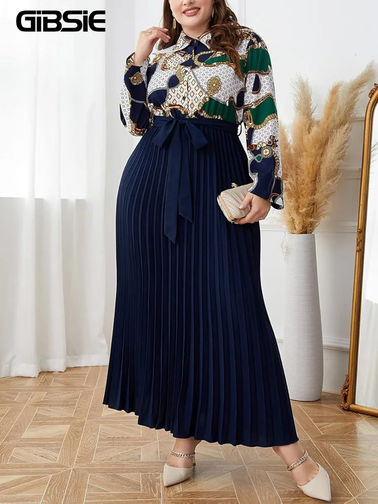 

GIBSIE Plus Size Half Button Belted Shirt Dress Women 2024 Autumn Fashion Long Dress Printing Elegant Women's Pleated Dresses