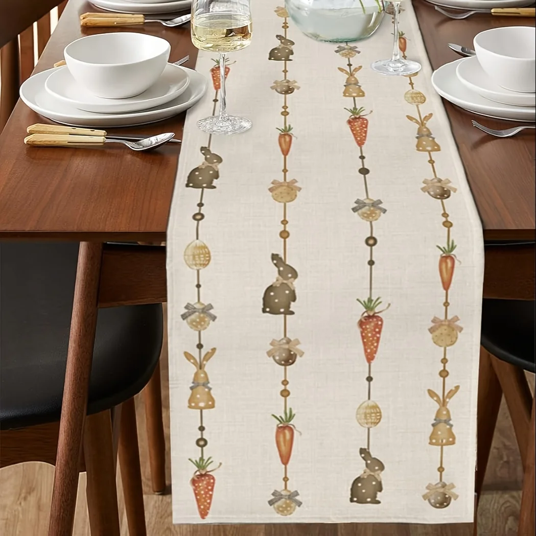 Camino de mesa de poliéster con conejitos de Pascua, zanahorias, bonito arreglo de cuerdas, Ideal para crear ajustes de mesa de fiesta de Pascua