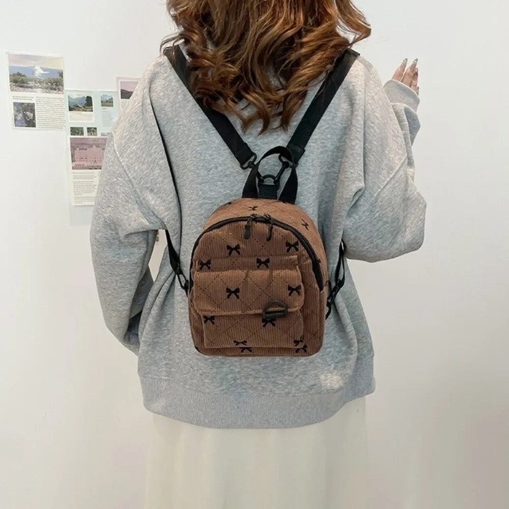 Fashion Corduroy Mini Backpack Lightweight Multi Layered Bow Rucksack Korean Style Zipper Student School Bag Commute