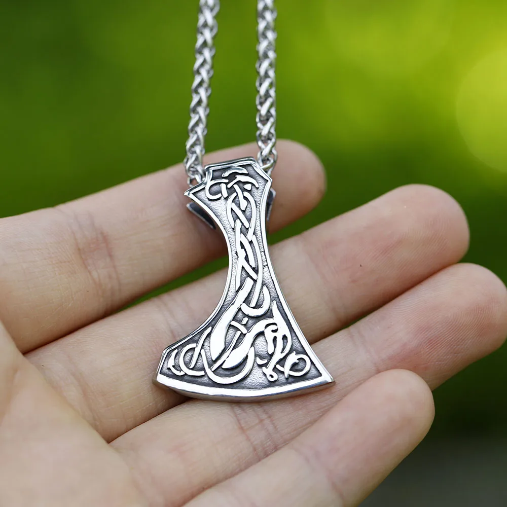 2022 NEW Men\'s 316L stainless-steel Viking Celtic dragon Axe Pendant Necklace scandinavian Rune Jewelry Gift free shipping