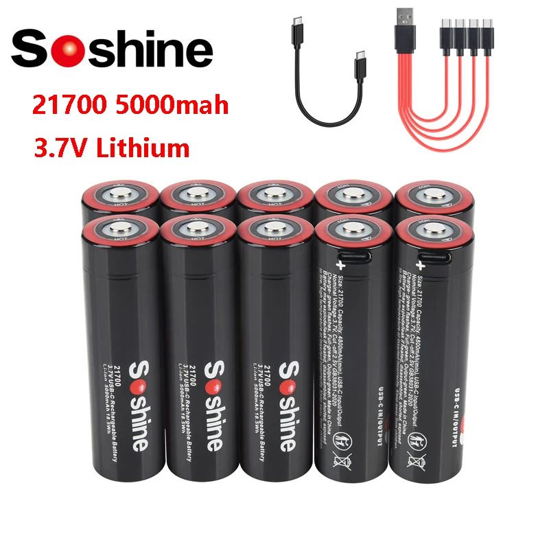 Soshine 3.7V 5000mAh Type-c Input and Output 5V Output 21700 5000mah Multi-function Lithium Battery Li Ion Rechargeable Battery