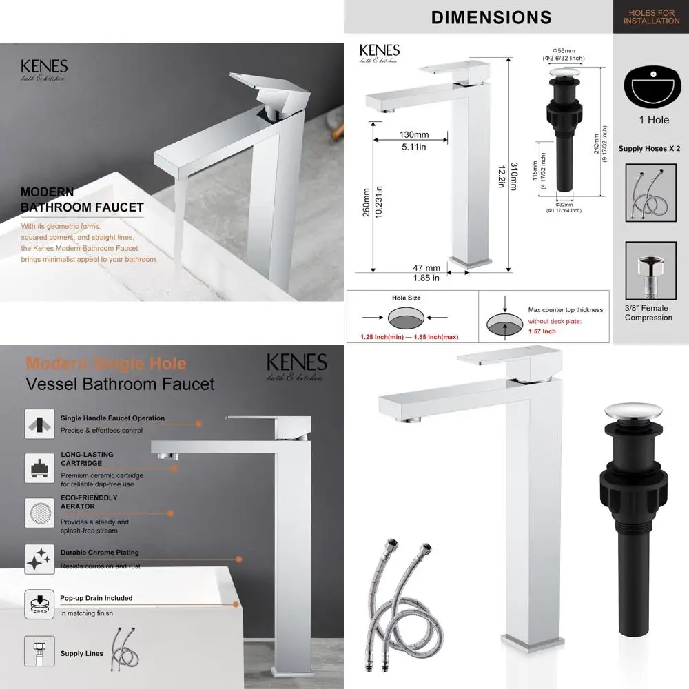 

Single Handle Tall Bathroom Sink Mixer Tap with Supply Lines and Pop-Up Drain, LJ-9031A-5