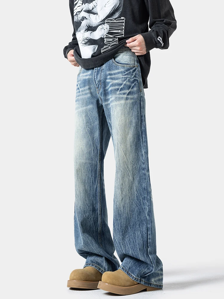 

Cleanfit Men's Jeans High Street American Style Lightning Crack Wide Leg Jeans Washed Straight Leg Trousers Youth Fashion