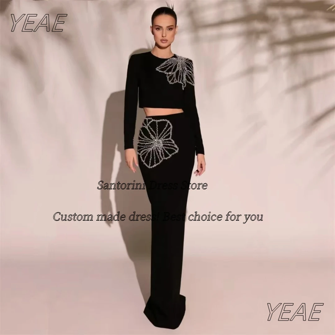 

Santorini Customized Black Two Pieces Dresses for Evening Party O-Neck Long Sleeves Prom Dress Beading Luxury Bridal Gowns