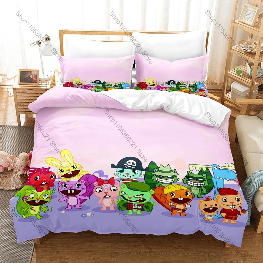 Cool Happy Tree Friends Bedding Set 3PCS Cartoon Kpop Printed Duvet Cover Pillowcase Bedroom Decor Twin Full Queen King Size 202