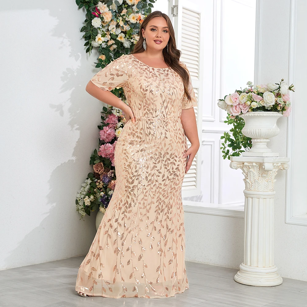 Robe de soirée de forme sirène, grande taille, dorée, col rond, manches courtes, paillettes brodées, robe de fête d'anniversaire, nouvelle collection 2025