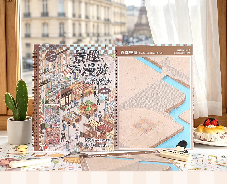 23-teiliges Set PET-Aufkleber mit urbanen Straßenlandschaften, Szenenbuch mit Gebäude-Aufklebern für DIY-Junk-Journal-Collage-Alben – Detail 13