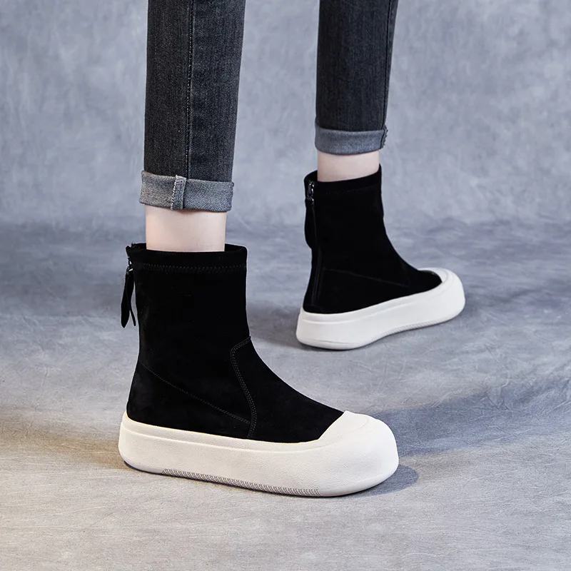 2024 Fashion Thick Bottom Mid Calf Boots Women Sheepskin Suede Round Toe Back Zipper Flat Platform Skinny Socks Boots image 4