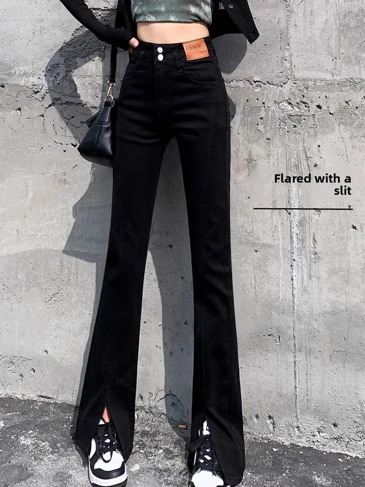 

High Waist Black Elastic Slit Micro Flared Jeans Women's Spring New Style Slimming Skinny Pants Cotton Stretch Denim