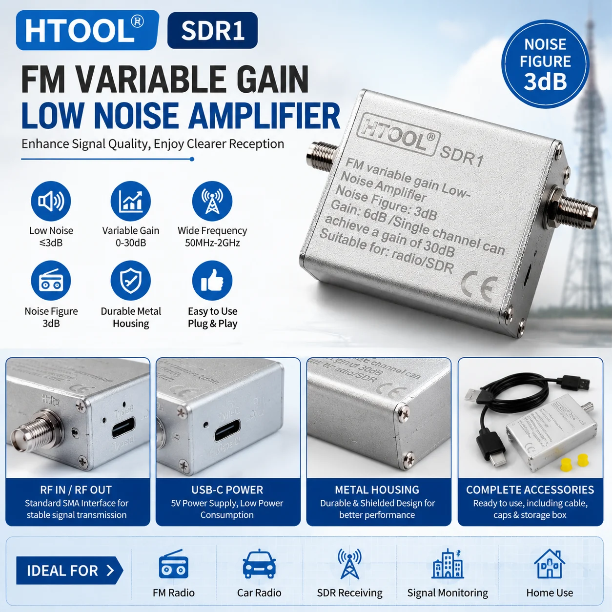 Low Noise Amplifier HT004/HT004A/SDR1 65-162.5MHz FM Antenna Signal Amplifier Gain 20dB 30dB SDR Radio RF LNA