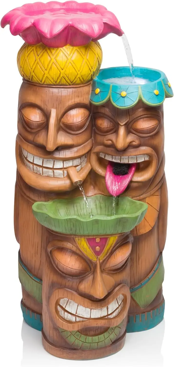 Indoor/Outdoor Floor 3-Tiered Colorful Tiki Head Water Fountain, Tropical Tiki Waterfall, 35