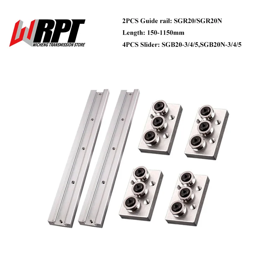 2PCS Built-In Dual-Axis Linear Guide SGR20N SGR20 150-1150mm + 4PCS Roller Slider SGB20N/20 With 3/4/5 Wheel Locking Slider CNC