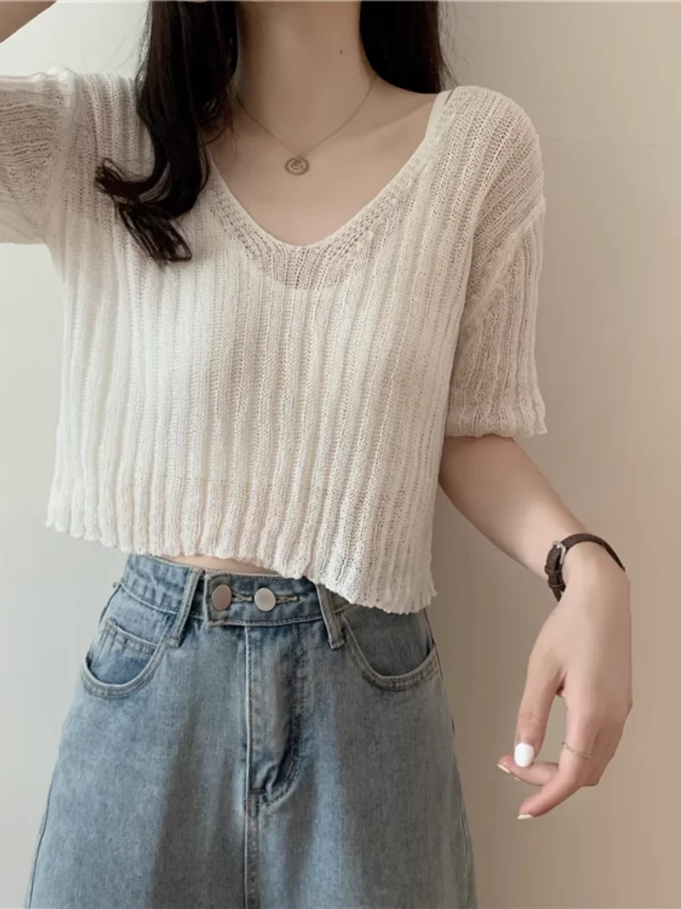 

Chic V-Neck Ice Silk Knitted Top Short Sleeve Women Summer Thin Belly Button Baring High Waist Short Style Sweet Style Loose Fit