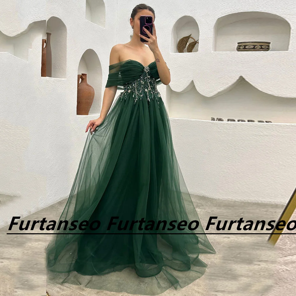 

Classic Tulle Prom Dresses Off The Shoulder Applique Beading Sweetheart Backless Zipper Brush Train Romantic Vestidos De Gala