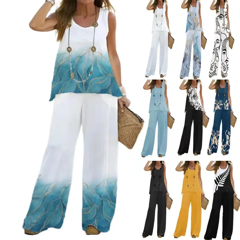 Kobiety Letnie Topy Kamizelka Tank Bezrękawnik Koszulki Spodnie Szerokie Nogawki Pełne Długie Spodnie Duże Duże T Shirty Garnitur Luźne Casualowe Garnitury Zestawy