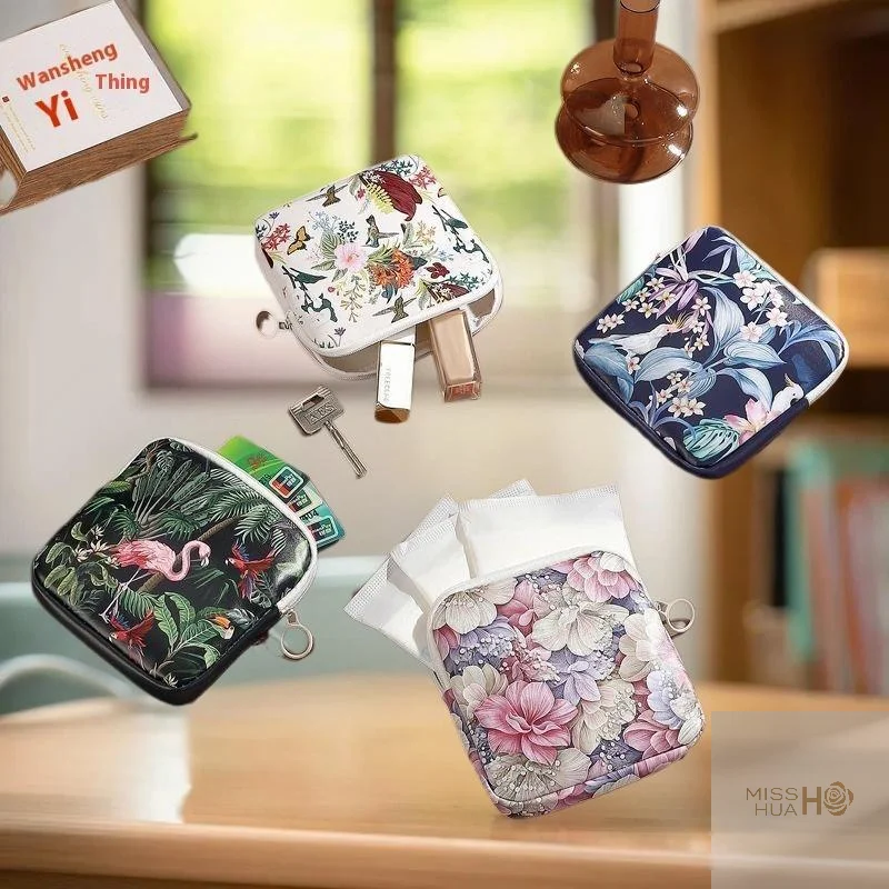 HUA HUA Creative PVC Sanitary Pads Bag Fashion Floral Print Large Capacity Multipurpose Coin Purse Portable Cosmetic Storage Bag