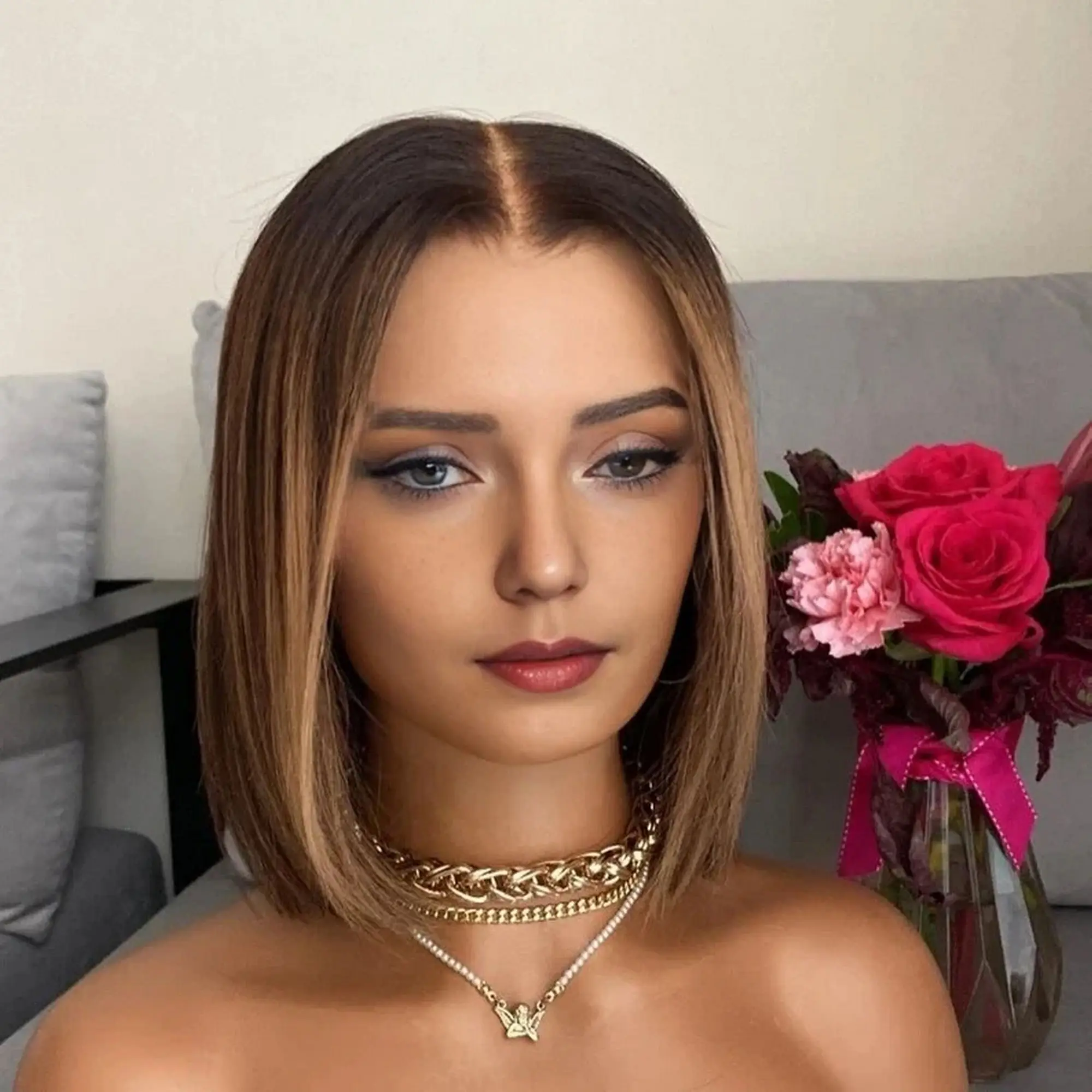 

New In Short Bob Ombre Highlight Honey Brown Wig HD Invisible Natural Straight Synthetic Lace Front Wig for Women Ready To Ship