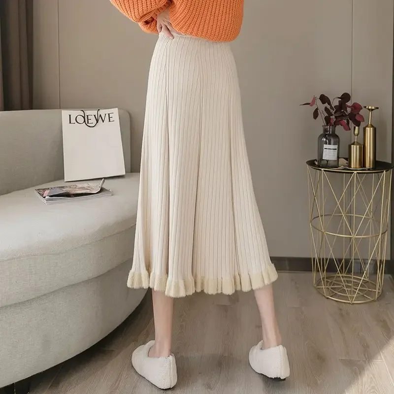 Autumn Temperament A-Line Solid Color Knitted Tassel Skirt Elegant Fashion Elastic High Waist Skirts Women's Clothing Z551