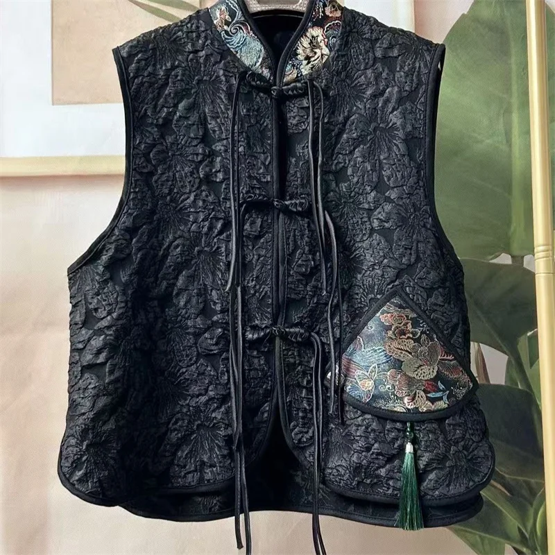 Chinese 2025 Spring and Autumn New Loose Jacquard Embroidered Vest Fashion Coat National Style Black Retro Sleeveless Buckle WLF