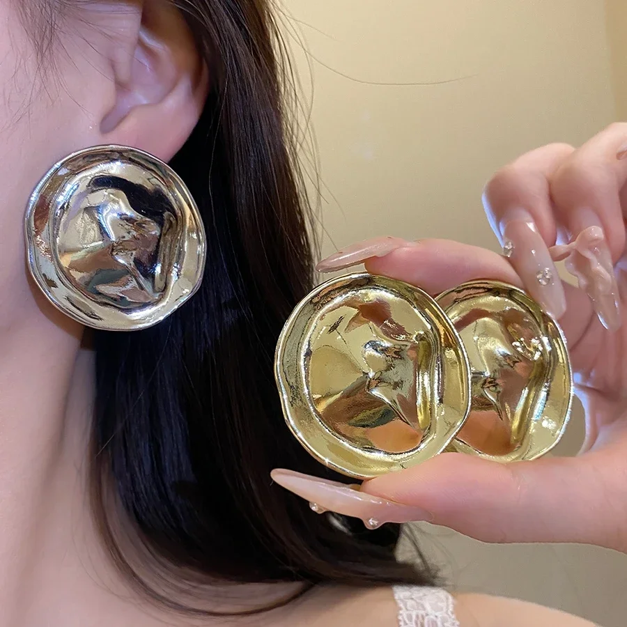 Gold and silver abstract textured round stud earrings, modern statement jewelry for women