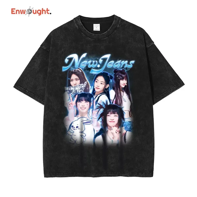 Футболка с коротким рукавом для девочек, корейские джинсы Minji Hannie Haerin Yein Kevelle, винтажные Топы большого размера в стиле Харадзюку