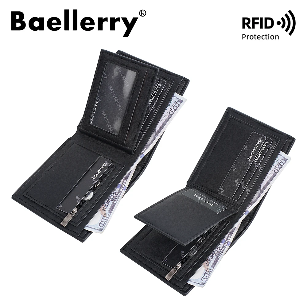 محفظة Baellerry للرجال RFID قصيرة ثنائية الطي، حامل بطاقات جلدي ممتاز مضاد للتشطيط مع جيب للعملات المعدنية بسحاب، آمن M