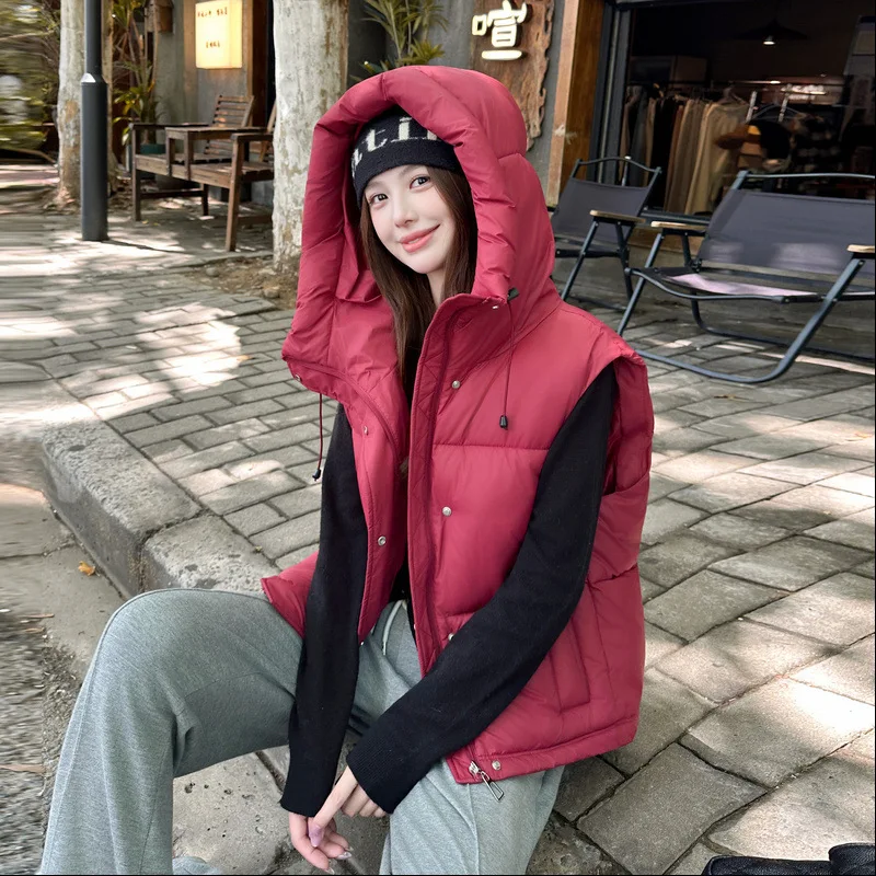 Hooded Puffer Gilet Detachable Hood Side Patch Pockets Snap Fastener Windproof Warm Filling Loose Cropped Cut Winter Outerwear 2
