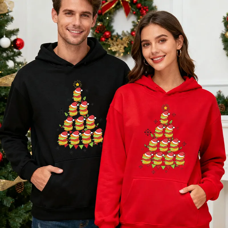 مضحك برغر شجرة عيد الميلاد للجنسين البلوز عشاق شجرة عيد الميلاد هوديي الرجعية الوجبات السريعة العصرية عيد الميلاد تشيز برجر البلوز