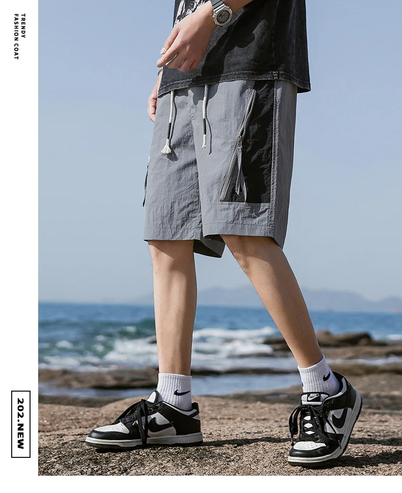 Summer Japanese Retro Color Matching Shorts for Men and Women High Waist Elastic Drawstring Zipper Details Neutral Casual Beach