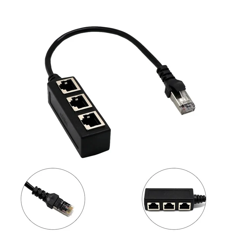 LAN Ethernet Network Splitter, conector RJ45, cabo adaptador extensor para rede, 1 macho para 2 fêmeas, 3 em 1