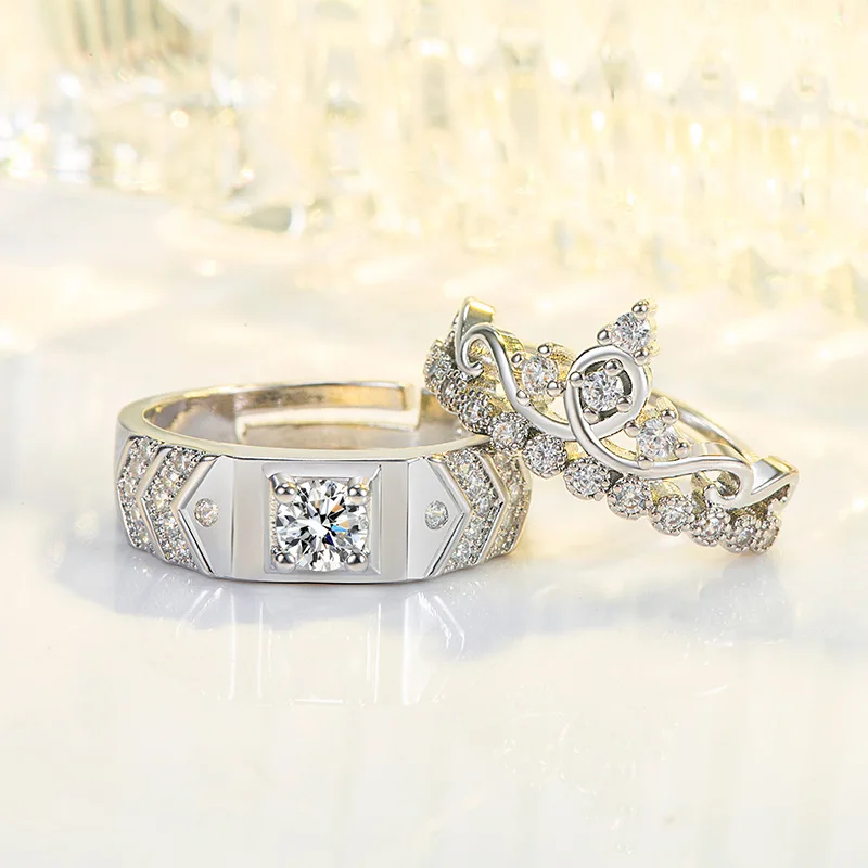 Crown-shaped geometric couple rings with adjustable open design for men and women featuring inlaid zircon stones crafted from co