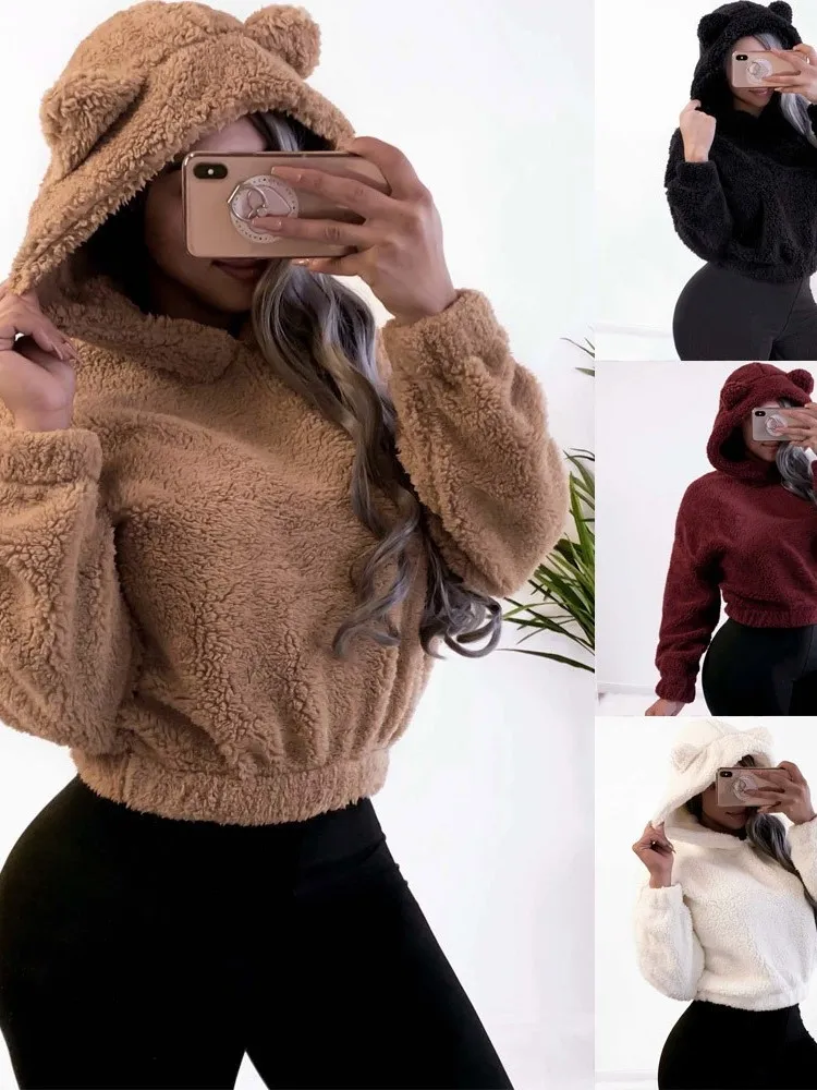 Autumn Winter Long-sleeved Bear Ears Hat Solid Color Plush Sweatshirt Women Fashion Loose Short Casual Style Pullover Female