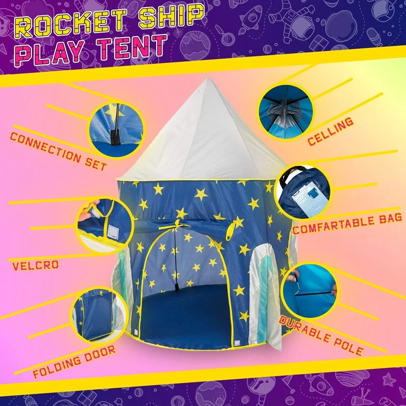 A49K-Kids Play Tent For Children Toys Space Rocket Tent Rocket Ship Play Tent Foldable Tent Best Gifts For Boys Girls Baby