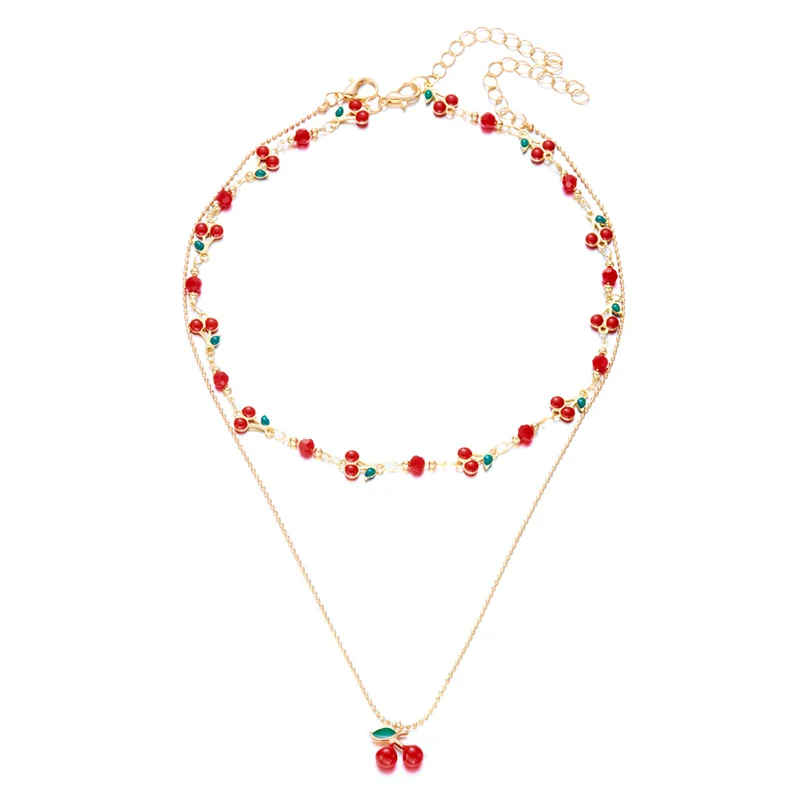Nette Süße Rote Kirsche Kette Armband Halskette Für Frauen Vintage Gold Farbe Blume Obst Schlüsselbein Fußkettchen Hochzeit Schmuck – Detail 12