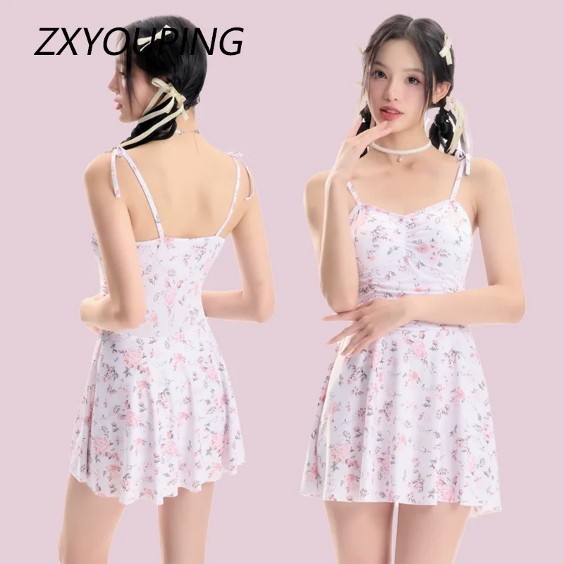 Flower Print Swimming Suit One-Piece Sexy Korean Casual Floral Bow Back Ruffle Dress Conservative Hot Spring Swimsuit