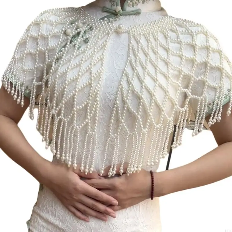 

L5YC Elegant Pearls Embellished Crochet Shoulder Wrap Lightweight Cover For Dresses Weddings Evening Event