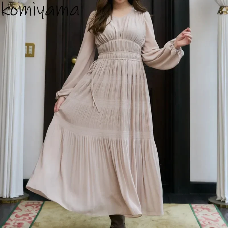 

High Waist A-line Women 2024 Dresses V-neck Pleated Vestidos Japan Moda Vestido Elegant Temperament Dress Autumn New Clothing
