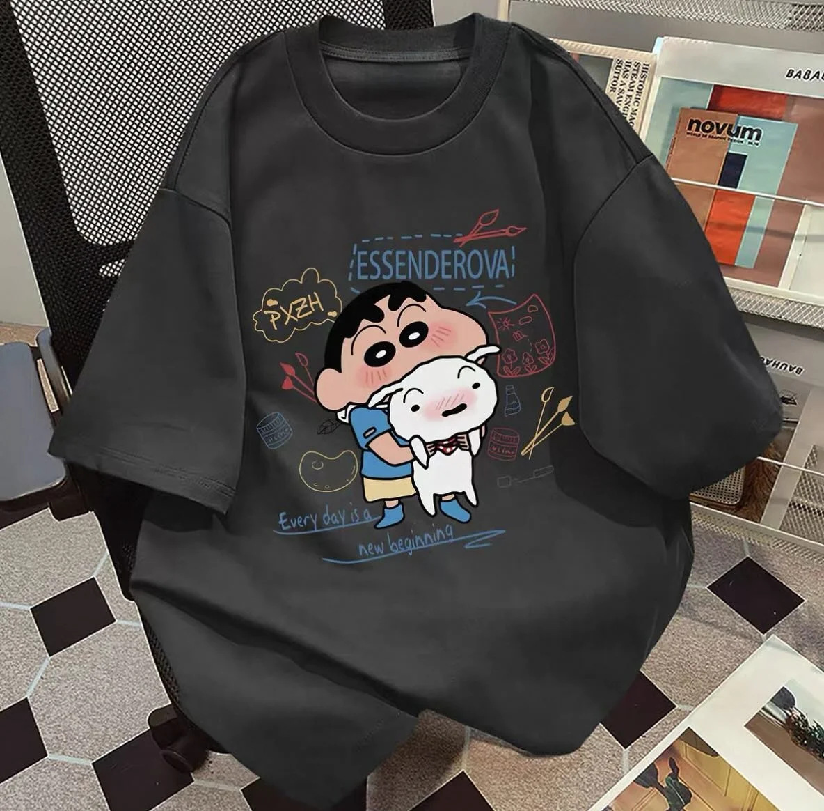 Crayon Shin Chan Shinnosuke & Shiro Hug Print T Shirt Men Women Oversized Cute Cartoon Short Sleeve Casual Tee