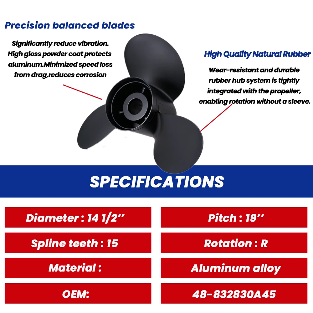 Outboard Propeller for Mercury 90 135 150 175 200 220 255 250HP 14 1/2*19 Aluminum Alloy Screw Marine Engine 3 Blade 15 Spline