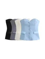 Women's Strapless Patchwork Satin Bustier Tops, Straight Neck, Front Button, Female Camis, Sexy Fashion