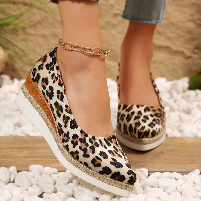 Espadrilles shoes for Women wedges high heel pumps Leopard platform round toe wedding party shoes office lady comfort shoes