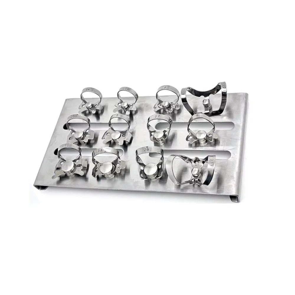12PCS Dental Rubber Dam Kit Stainless Steel Clamps & Frame Holder with Anti-Slip Tray for Endodontic Root Canal Therapy