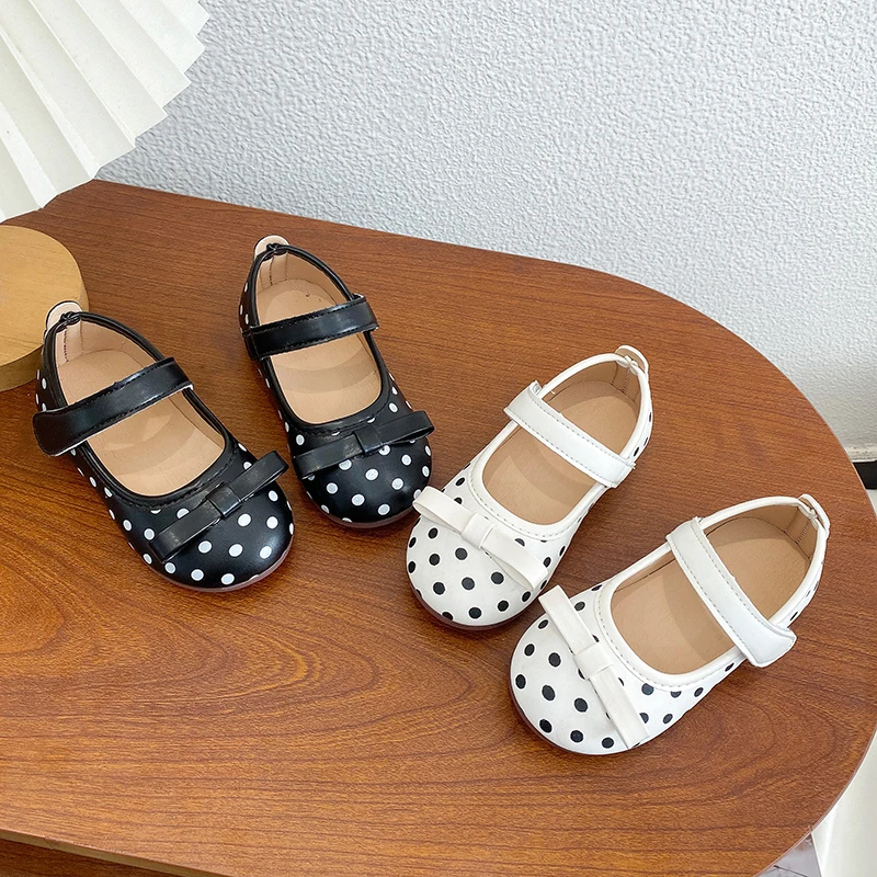 Girls' Retro Polka Dot Bow Mary Jane Shoes Korean Style Soft Sole Children's Leather Shoes Shallow Mouth Comfortable Kids Shoes