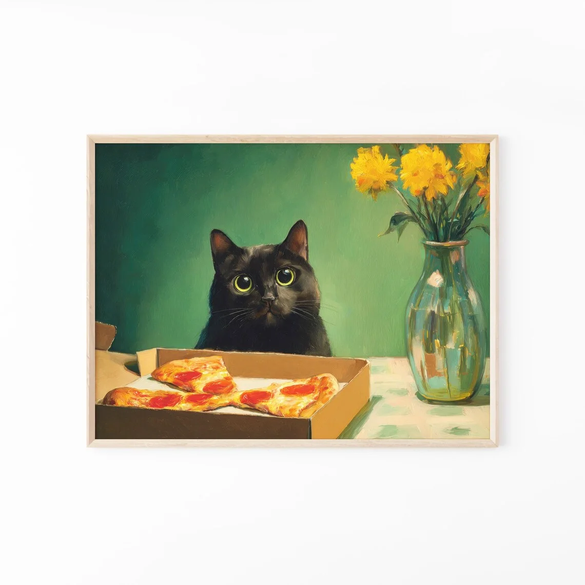 Cozy Cat & Pepperoni Pizza Still Life Wall Art - Timeless Print Celebrating Simple Pleasures. The deep green backdrop and golden