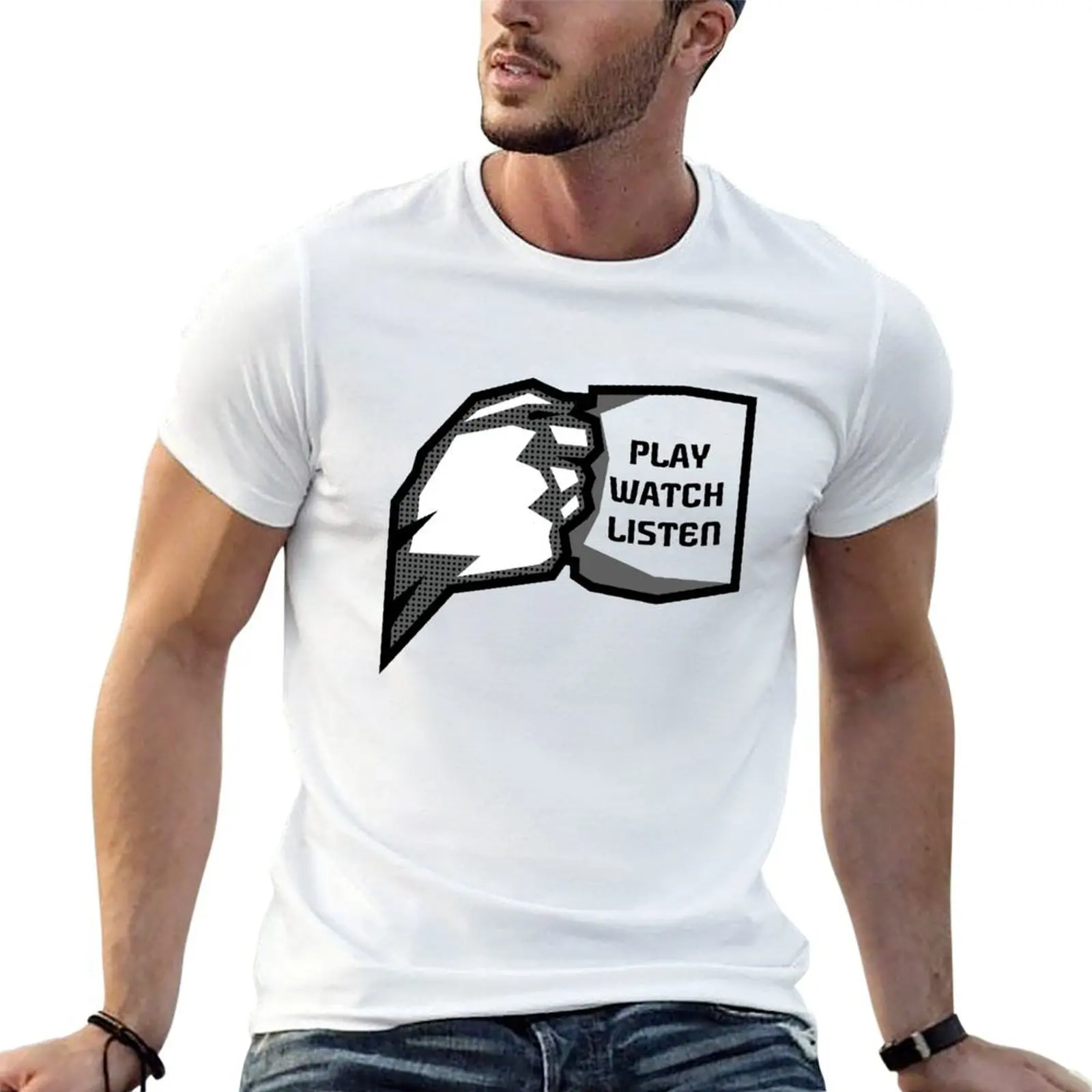 

Play, Watch, Coffee (grey) T-Shirt t shirt man cotton man t shirt cotton high quality T-Shirt