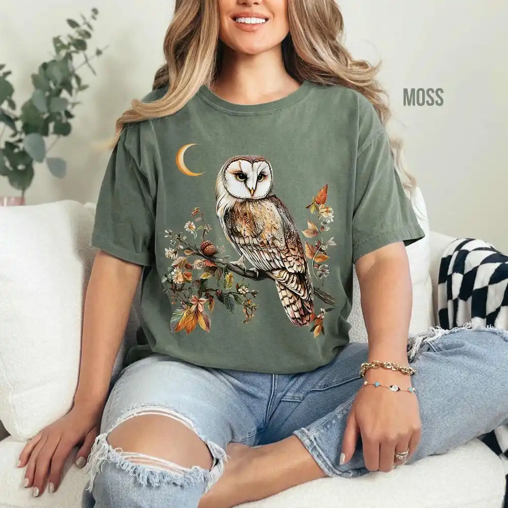 Vintage cottagecore coruja camiseta para mulher floral whimsigoth floresta escura academia camisa crewneck casual unisex y2k topo streetwear