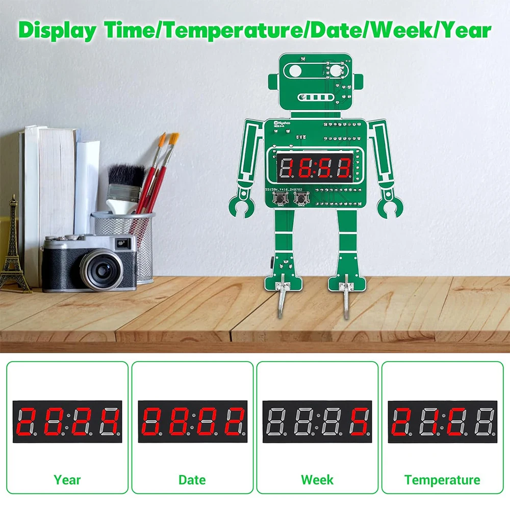 Robot DIY Digital Clock Kit 4-Digit Robotic Alarm Clock Soldering Practice Kit Temperature Electronic Learning Clock Board Suite