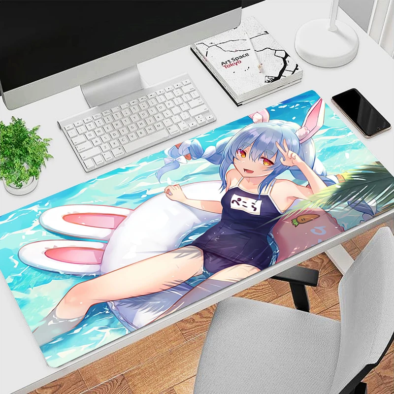 Gaming Mouse Pad, Stitched Edges, Blue Anime Girl with Bunny Ears Artwork Print, Keyboard Pad for Gamer Home Office Desk Mat