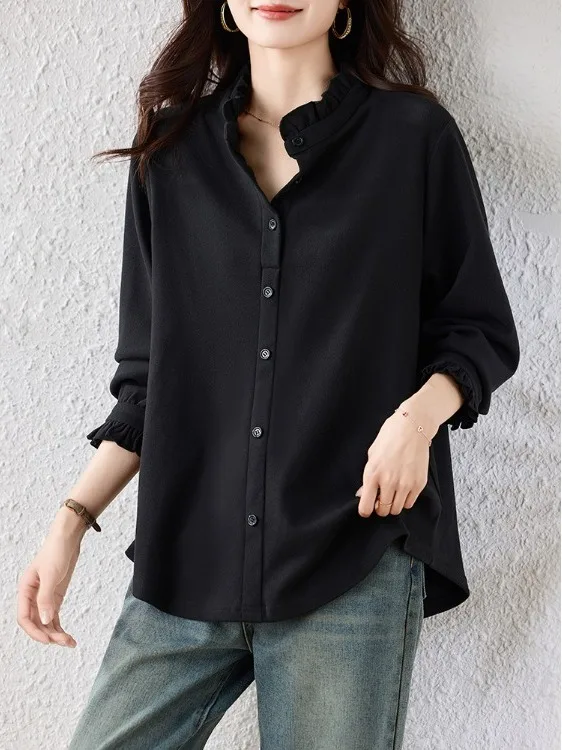 

Элегантная однотонная черная рубашка с длинным рукавом для женщин, модная, в простом стиле, с бархатной отделкой и кружевной тесьмой, универсальная.