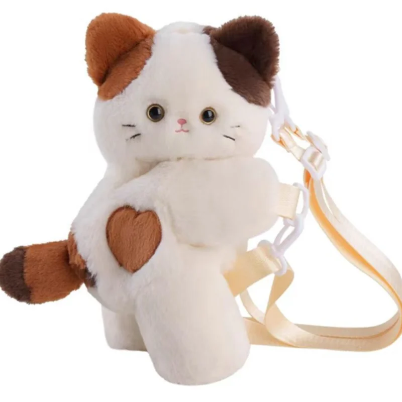 Cute Plush Animal Crossbody Bag, Fluffy Calico Cat & Hug Bear Doll Shoulder Purse, Kawaii Cartoon Stuffed Toy Handbag For Girls